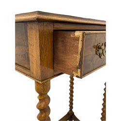 20th century oyster veneered and oak side table, moulded top with matched oyster-cut laburnum panels, fitted with single cock-beaded drawer with matching veneers, on spiral turned supports united by curved stretchers 