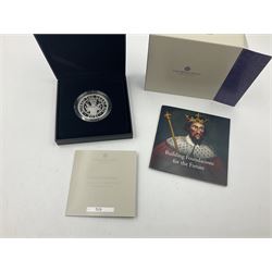 Two The Royal Mint United Kingdom 2021 silver proof piedfort five pound coins, comprising 'Alfred the Great' and 'The 150th Anniversary of the Royal Albert Hall', both cased with certificates (2)