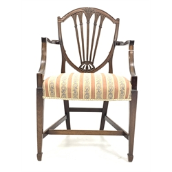 Early 19th century Hepplewhite style armchair, moulded framed shield back with lobe and reed carved upright slats, square tapering supports with spade feet joined by stretchers, seat height - 48cm