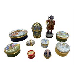 Ten enamel trinket boxes comprising five Halcyon Days: 'Yeoman Gaoler', 'With Love from me to You', 'May all your Dreams come True', specked bird egg and Easter 1989, together with five Crummles enamel boxes including Winnie the Pooh, 'Happy Birthday and others (9)
