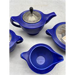 Art Deco Clews Chameleon Ware four piece tea set, with mottled blue glaze and silver-plated covers 