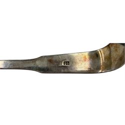 George III old english pattern silver serving spoon with engraved initials by Thomas Streetin, London 1802, L22.5cm together with a pair of George III silver sugar nips (2)