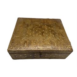 19th century tooled leather jewellery box stamped with initials M G and containing various cut steel and other buttons, coins, Yorkshire Hussars Yeomanry brass buttons etc