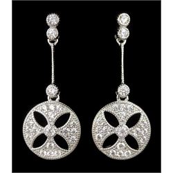 Pair of Art Deco style silver cubic zirconia circular openwork pendant earrings, stamped 925 