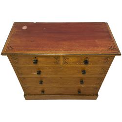 Victorian Aesthetic Movement scumbled pine chest, rectangular top with moulded edge, decorated with painted ebonised stringing and banding, fitted with two short over three long graduating drawers, the facias painted with stringing and stylised foliate decoration, each with ebonised turned handles