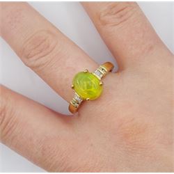 9ct gold single stone opal ring, with baguette and round cut diamond shoulders, hallmarked
