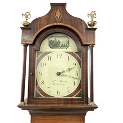 William Dixon of Pickering - 30-hour mahogany longcase clock c1840, with an ogee-shaped pediment and matching brass ball and eagle finials, break arch hood door flanked by circular pilasters with brass capitals, inlaid trunk with chamfered corners and break arch topped door, deep rectangular plinth with shaped legs, painted dial with Arabic numerals and brass hands, depiction of a seated highland soldier to the arch, dial pinned to a chain driven count wheel striking movement with a recoil anchor escapement. With weight and pendulum.