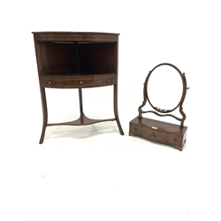 Georgian mahogany bow fronted corner washstand, with boxwood string inlay, one drawer and two faux drawers, raised on slender square splayed supports, (W60cm) together with a mahogany dressing table mirror fitted with three trinket drawers, (W41cm)