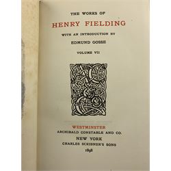 Henry Fielding - The Works with an introduction by Edmund Gosse, twelve volumes, one of seven hundred and fifty volumes printed for sale in Europe and America, engraved frontispieces, tissue guards, top edges gilt, published by Archibald Constable & Co in half calf with gilt ribbed spines and brown boards 1898-99  (12)