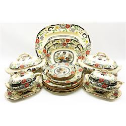 Coalport 'Canton' pattern dinner service comprising six dinner plates, two tureens, two soup tureen, with ladles & stands, nine tea plates, five side plates and five varying sized oval platters 