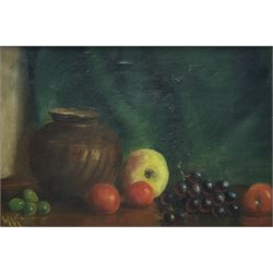 English School (Mid-20th century): Still Life of Fruit on a Ledge, oil on canvas indistinctly signed 30cm x 45cm