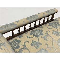 Edwardian beech framed chaise lounge, gallery back, turned supports with brass and ceramic castors, upholstered in raised floral patterned fabric, L175cm