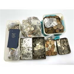 Great British and World coins including pre-decimal coinage, pennies, GB old large 5p and 10p coins, 'Britain's First Decimal Coins' in blue folder etc