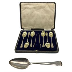 Set of six Victorian silver tea spoons, the  gilded bowls engraved to the reverse and the stem with leaves London 1878 Maker Henry John Lias and James Wakely and a George III silver table spoon London 1799 4.9oz 