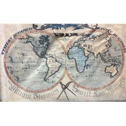 William Thomas Swift, Sea Man (early 19th century): hand-drawn and coloured map of the western and eastern hemispheres, surmounted by the royal coat of arms dated 1825, 51cm x 60cm
