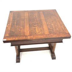  Early 20th century oak duo draw leaf table with panel end supports united by stretcher, 91cm x 81cm, H79cm  
