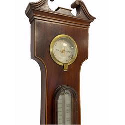 A Victorian mahogany five dial mercury wheel barometer with satinwood stringing to the edge, 10 inch circular silvered register and cast brass bezel, barometric pressure calibrated in 100th of an inch from 28 to 31 inches, engraved with weather predictions in Roman upper and lower case and Gothic script with oak leaf engraving to the center, blue steel indicating hand and matching recording hand in brass with recording hand adjustment disc, ”butlers” mirror and arched Fahrenheit mercury thermometer and brass thermometer bolt, swan neck pediment with hygrometer, the rounded base and spirit level signed “G BIANCHI WARRANTED”.
Height 108 cm

