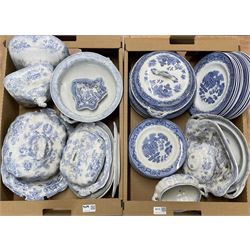 19th century and later blue and white including Gibson & Sons Willow pattern plates, early 19th century Willow pattern pickle dish, Asiatic Pheasant pattern tureens etc in two boxes