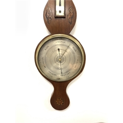  19th century mahogany wheel barometer and thermometer in mahogany case with shell and floral inlays, and silvered registers, H97cm  