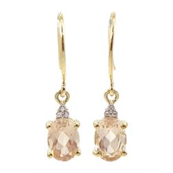 Pair of 9ct gold oval morganite and white zircon pendant earrings