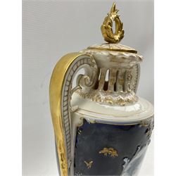Riessner Stellmacher & Kessel for Turn Teplitz porcelain urn and cover, of typical twin handled form with acanthus leaf moulded handle, pierced neck, the body painted with a bust of a Maiden within an applied floral border, fluted pedestal square base, stamped beneath, H37cm