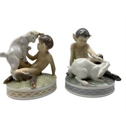 Two Royal Copenhagen figures 'Faun with Goat' no. 498 and 'Faun with Rabbit' no. 439, both designed by Christian Thomsen, H13cm max