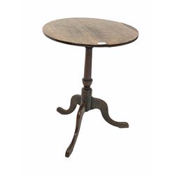 George III oak occasional table, circular tilt top raised on turned column and three splayed supports 