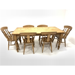 Scrubbed pine farmhouse kitchen dining table, (91cm x 186cm, H76cm) together with a set of six (4+2) beech dining chairs, (W58cm)