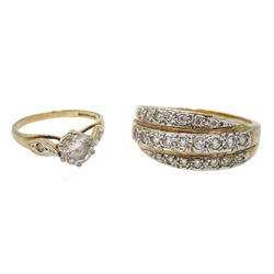 Gold cubic zirconia three row ring and a gold cubic zirconia single stone ring, both hallmarked 9ct