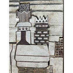 Contemporary School: Rooftops and Chimneys, relief tile mosaic unsigned 59cm x 54cm