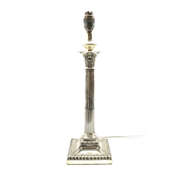 Silver Corinthian column electric table lamp the square base with acanthus leaves, H32cm excluding fitting Sheffield 1904 - Maker Hawksworth Eyre & Co 