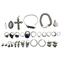 Collection of vintage silver including a large lapis lazuli ring, lockets, bangle, various other rings, together with a gilt metal micro mosaic cross pendant etc