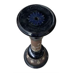 Victorian terracotta jardinere stand, black glazed top banded column on a textured brown glazed ground with floral painted decoration, H81cm