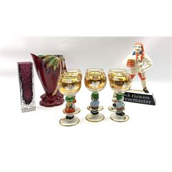 Set of six Goebel gilt etched wine glasses with figural stems, square glass vase, Beswick jug and a Carlton Pick Flowers Brewmaster figure