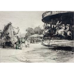 Mabel Catherine Robinson (British 1875-): Swingboats and Carousel at Fairground, etching signed together with after John Skeaping RA (British 1901-1980): Reed Buck, lithograph signed in pencil max 30cm x 37cm (2)