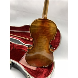 German violin by Albin Ludwig Paulus, labelled A L Paulus, Violin Maker to the Royal Court of Saxony, Dresden with two piece back, length of back 37cm together with a bow stamped Conrad Gotz