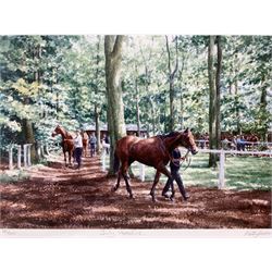 Katy Sodeau (British contemporary): 'First Lot home'; 'July Hopefuls'; 'The Next Generation'; 'A Touch of Frost', set four limited edition equestrian prints signed by the artist each 17cm x 25cm (4)
