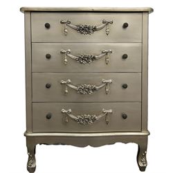 Silver finish four drawer chest, decorated with ribbon and floral garlands, on shell cabriole feet