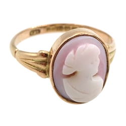 Early 20th century 9ct rose gold cameo ring, Birmingham 1919 and a gold blue topaz and pearl bar brooch, stamped 15ct