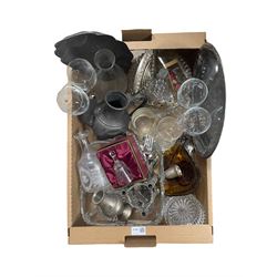 Continental silver-plated cutlery, etched drinking glasses, amber glass bowl, glass bell and other glass and silver-plate in one box