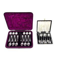 Set of twelve Victorian silver coffee spoons and tongs with rat tail bowls London 1887 Maker William Hutton and a set of six silver coffee spoons, both cased 7.7oz