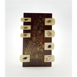 19th century Japanese rosewood and ivory Shibiyama whist marker, floral and foliate decoration, the ivory tabs inlaid with insects and bird, L9cm