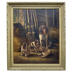 Continental School (20th century): Family of Spaniels in a Barn, oil on canvas indistinctly signed 60cm x 50cm