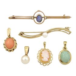 Opal and seed pearl brooch, stamped 9ct, gold pearl brooch and four gold pendants including coral, cameo, pearl and jade, all 9ct
