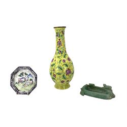 Chinese green hardstone brush washer carved as a Lotus leaf with a cat W13cm, Canton enamel vase decorated with flowers on a yellow ground H26cm and a small enamel octagonal dish (3) dish
