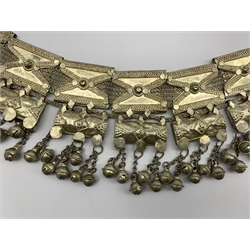 Saudi Arabian white metal belt  of geometric design hung with bells L74cm mainly nickel and copper, some silver 9% content