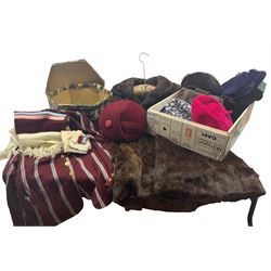 Quantity of women's vintage hats, one with fox fur band, crocodile handbag, University blazer bearing Yorkshire crest with matching scarf together with other textiles etc.