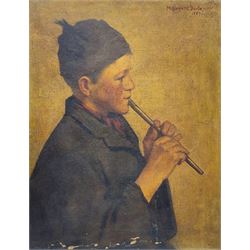 Millicent Boole (British 19th century): Portrait of a Dutch Piper Boy, oil on canvas signed and dated 1887, 46cm x 35cm (unframed)