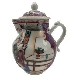 Chinese famille rose hot milk jug and cover, Qianlong period, painted with figures on a balcony within a scroll cartouche, on purple diaper ground, H13.5cm together with a set of four Chinese famille rose saucers and one tea bowl, the saucers enamelled with a family on a terrace, overlooking a lake, within an alternating border of diaper and bird painted panels, D12cm (6) Provenance: From the Estate of the late Dowager Lady St Oswald