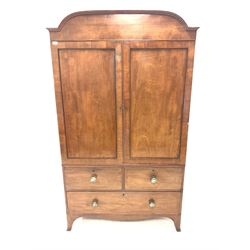 19th century mahogany linen press, arched cornice over two doors enclosing interior fitted for hanging, one short and one long drawer, raised on splayed bracket supports W118cm, H202cm, D55cm